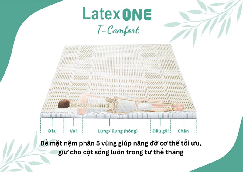 Nệm Latex One 100% cao su thiên nhiên phân 5 vùng T-Comfort giúp bảo vệ cột sống và cải thiện giấc ngủ 